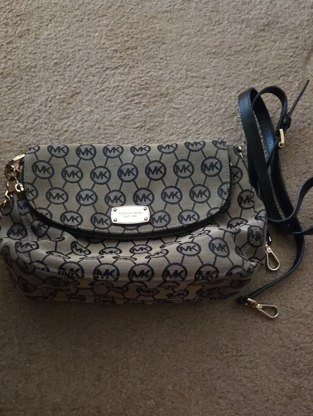 Michael Kors Beige and Black Logo Crossbody with Gold Hardware